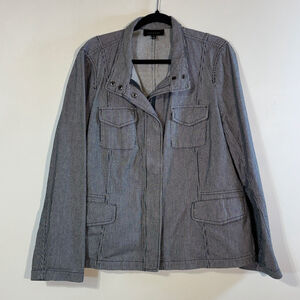 Talbots Blue White Striped Utility Jacket Women’s Size 18 Snap Front Pockets Zip